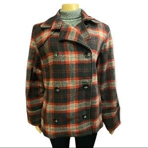 Vintage WoolRich Pea Coat Plaid Wool double breasted Burgundy  Black gray size L